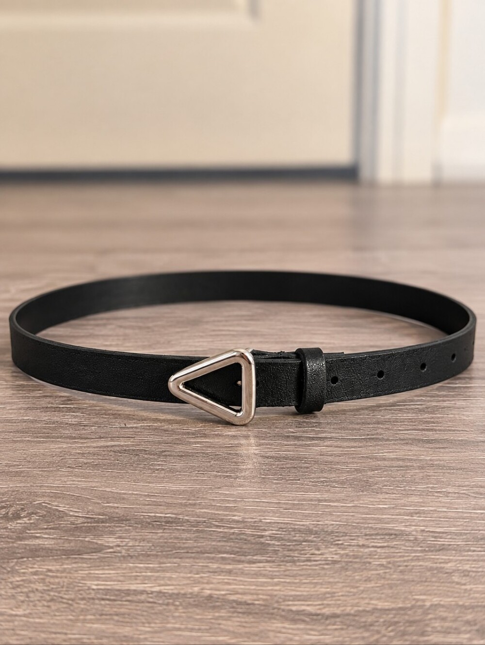Black Faux Leather Belt Silver Triangle Buckle Y2K Minimalist - Women 39"